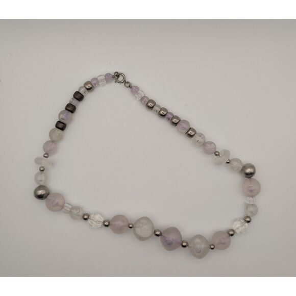 Vintage Style Beaded Necklace Frosted Glass & Silver Tone Beads Purple Clear - Picture 1 of 1